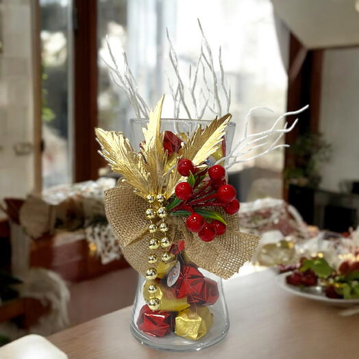 Classic Assorted Chocolates with Christmas Ornaments in Cylinder Vase