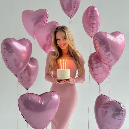 Розовый восторг шары в форме сердец(10) и бенто торт макси (надпись любая)