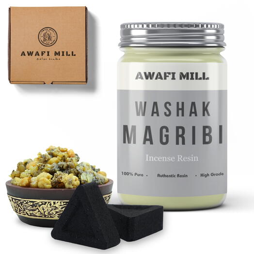 AWAFI MILL Washak Magribi Frankincense Resin | Triangle Charcoal Tablet - Bottle of 100 Gram with 20 Charcoal Piece