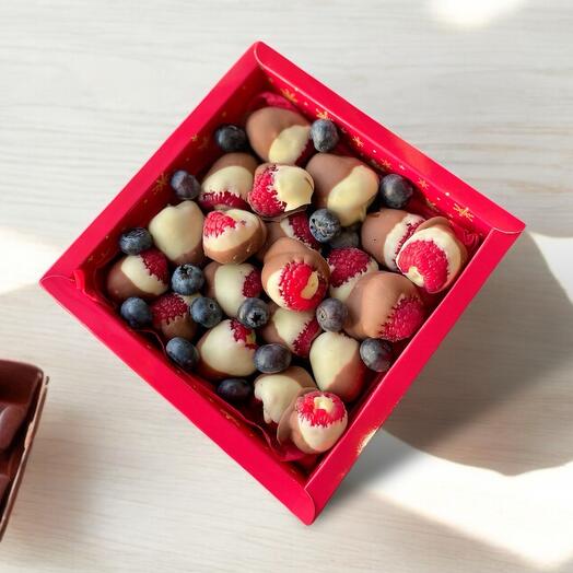 Raspberries in double chocolate with blueberries
