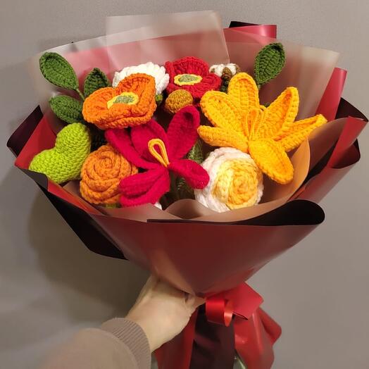 Bouquet of handmade knitted flowers