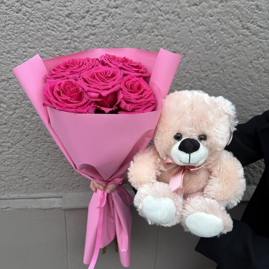 5 pink roses with Teddy bear