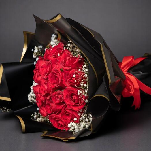 Red Rose Lo – Elegant 20 Red Roses Bouquet Wrapped in Black   Gold