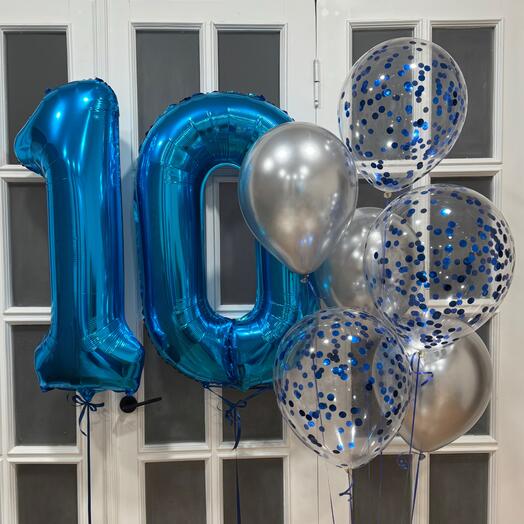 (НА ВЫБОР) Набор воздушных Шаров мужской с цифрами синий конфетти. Set if helium balloons numbers (ON CHOICE) blue confetti