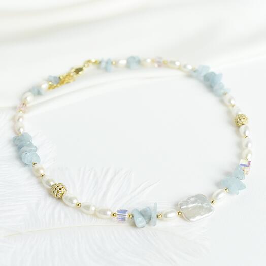 Колье SUNRISE 40-45 см, с жемчугом и аквамарином натуральным