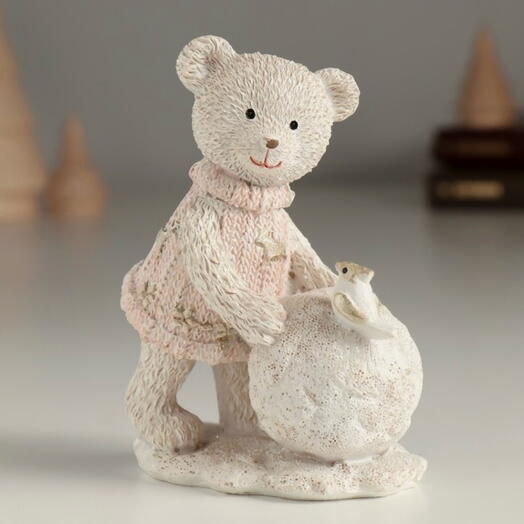 Фигурка Мишка с птицей на большом снежке, 7.5×5.5×10.5 см 🎁 Сувенир🎁 Подарок на Новый год 🎄