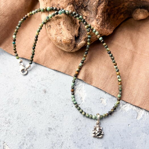 Чокер колье из натуральной бирюзы с подвеской Ганеша индийское серебро