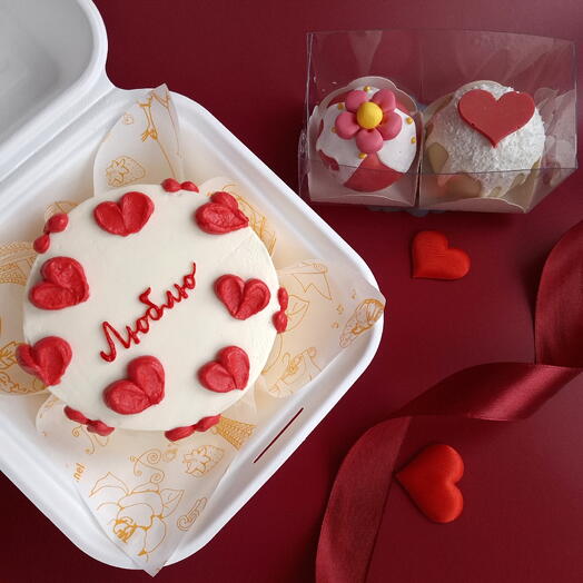 Подарок для любимых на 8 марта бенто-торт с сердечками "Люблю"+трендовые пирожные картошка" маме, дочери, девушке, женщине