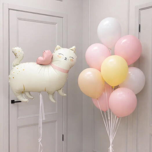 🐈Набор шаров🐈 Воздушный шар "Милая Кошечка" + разноцветные шары / 10 шаров + 1 шарик "Кошка" / Набор 11 шаров / Арт.НШ13
