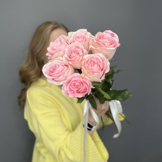 Нежные розовые розы под ленту, 7 шт💝