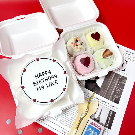 Бенто торт с набором Моти на день рождения «happy birthday my love