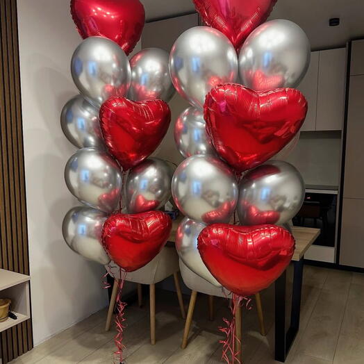 Elegant Red Heart and Silver Balloon Bouquet Set (Pair)