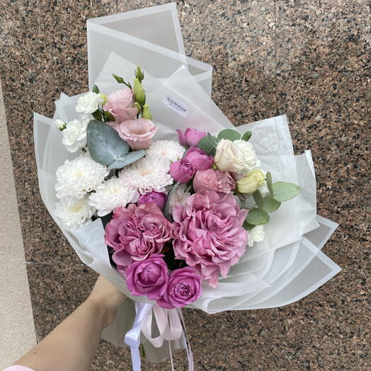 Красивый авторский букет 💕 Bloom room, пионовидная Роза, хризантема, эустома