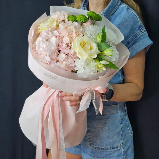 Букет "Притяжение" 🎀 авторский: гортензия, хризантема, диантус, роза, кустовая роза, нежный, любимой, девушке, маме, учителю