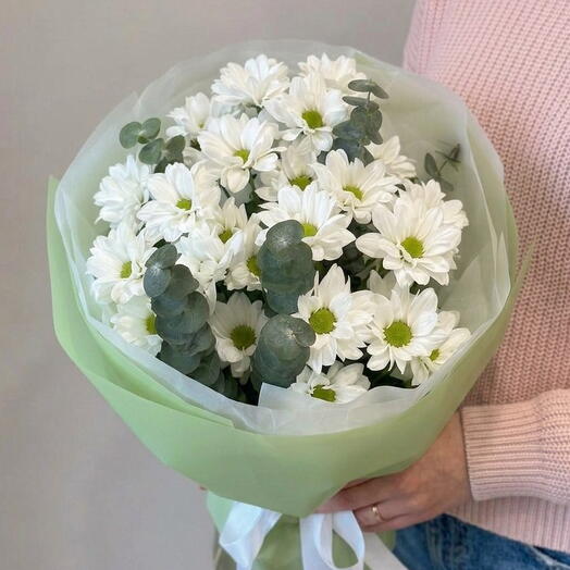 МОНО букет из хризантемы ромашка и эвкалипта🌼