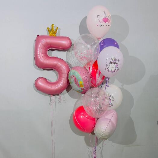 Гелиевые шарики в день рождения 5 лет с единорогами 11 шт