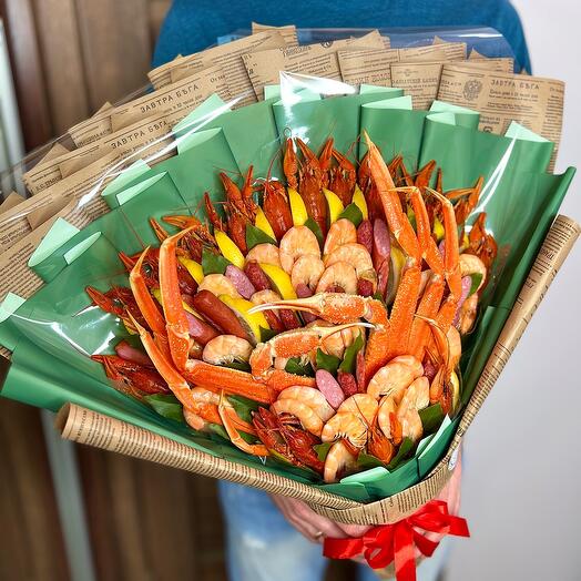 Мужской вкусный букет с раками и морепродуктами, подарок на день рождение