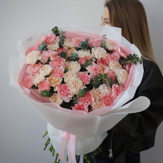 Carnations with eucalyptus