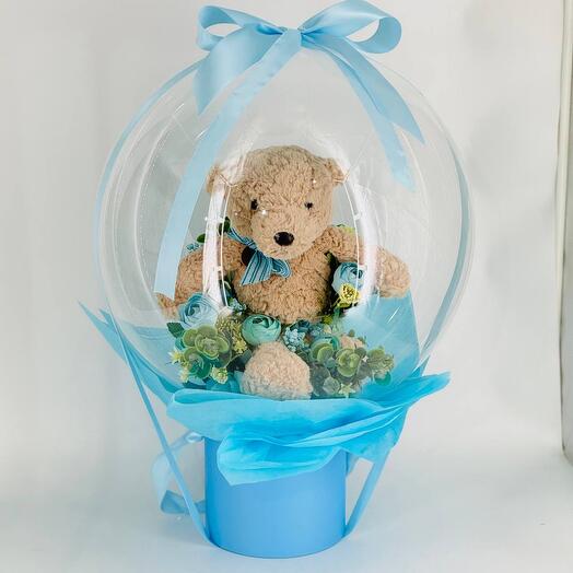 Bubbles box Bubble box for a gift with artificial flowers and a soft teddy bear
