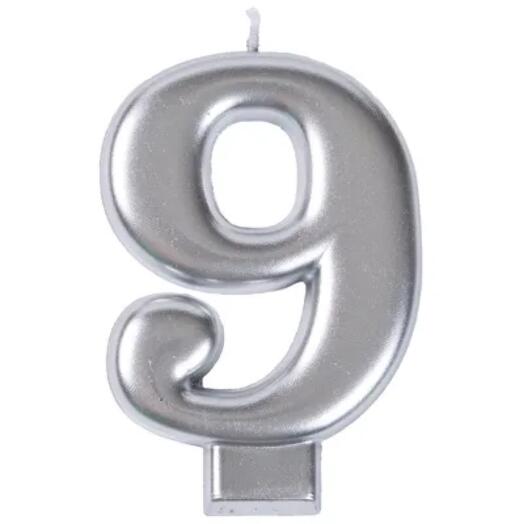 Свеча -цифра "9" Серебряная, 8 см