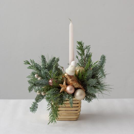 Золотая композиция из живой пихты нобилис, размер M