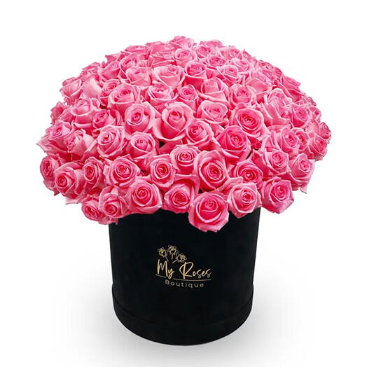 Black Velvet Box With 100 Pink Roses