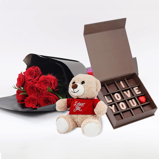 Valentine I Love You Chocolates and 7 Red Roses Bouquet