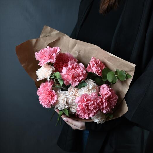 Monobucket of carnations with eucalyptus