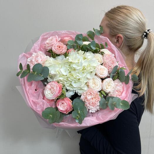 Handmade with peony rose carnation and eucalyptus