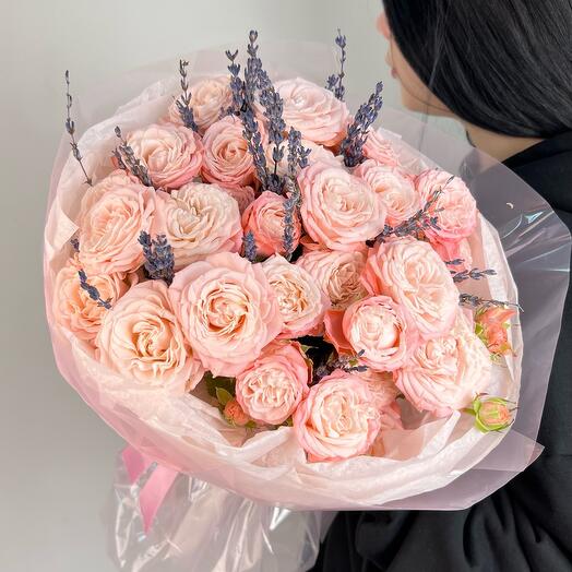 Pink peony-shaped bush roses with fragrant lavender