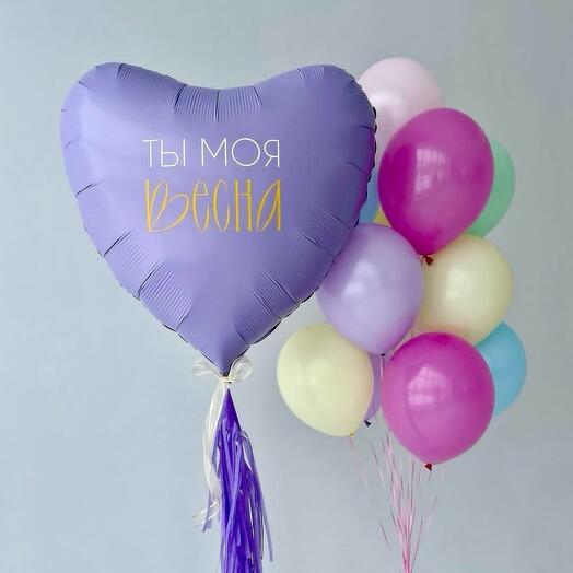Набор шаров на 8 марта, большое сердце и фонтан из цветных шаров