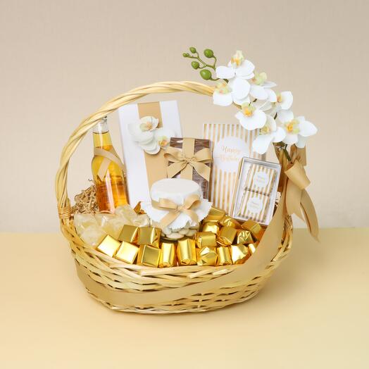 Golden Orchard Birthday Hamper – Medium Rustic Basket in White Gold