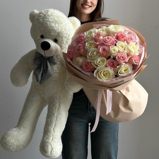 Комбо 25 роз + мишка 80см