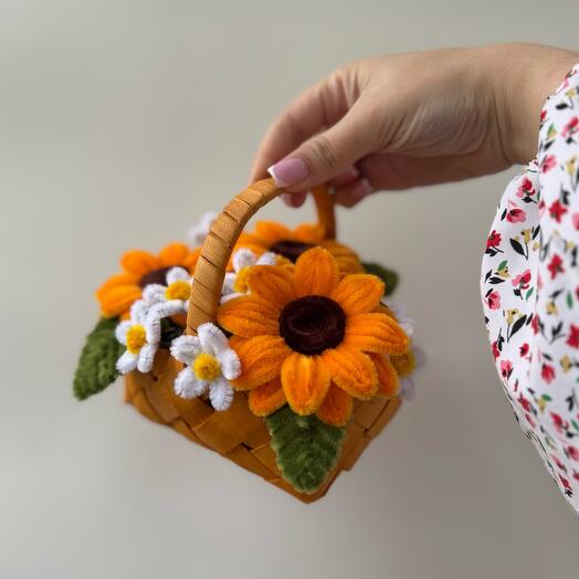 Плюшевые цветы в корзинке: подсолнухи, ромашки💝 Необычный подарок который не завянет 🎁