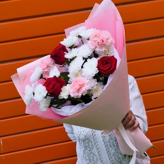 💕 Розовый букет /розы/хризантемы кустовые/диантусы