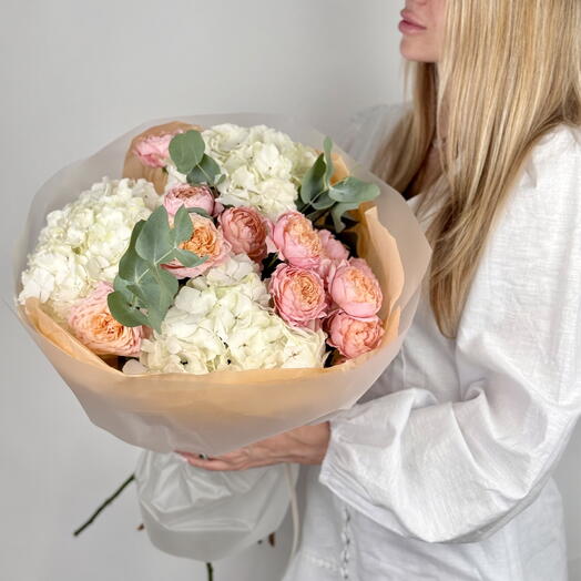 Sunset Garden – Orange Mix with Hydrangeas, Peony Roses   Eucalyptus