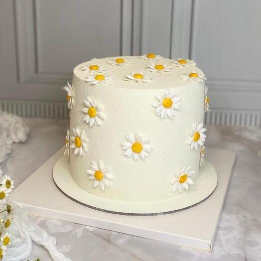 Торт с покрытием шоколадный велюр с ромашками из мастики , на день рождения, девушке, подруге, маме, учителю