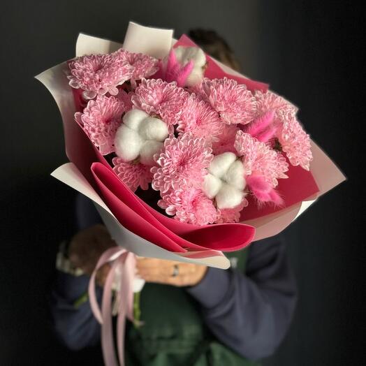 Букет авторский «В розовых очках»/хризантема кустовая/Хлопок натуральный/сухоцветы/Цветы Магнитогорск/Доставка Магнитогорск