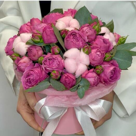 Пионовидная Роза в коробке с хлопком