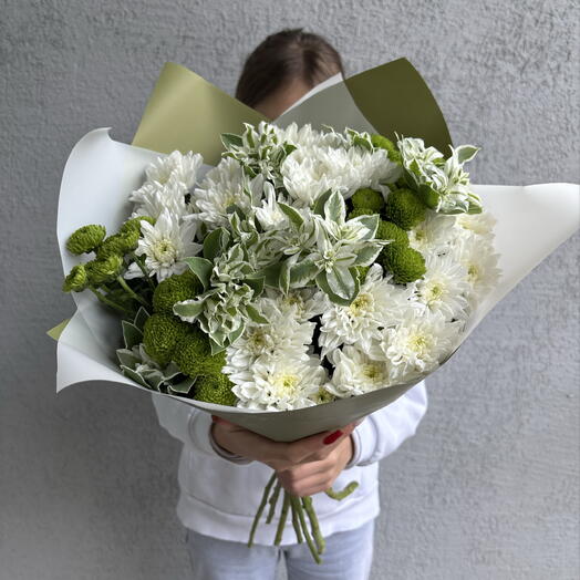 Букет белых хризантем Baltica х Santin и Euphorbia