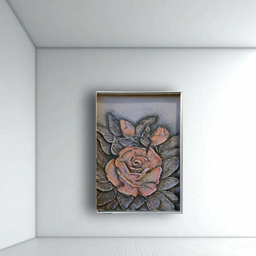 Картина интерьерная фактурная  цветы роз, на аэртборде оформлена в серебристой раме