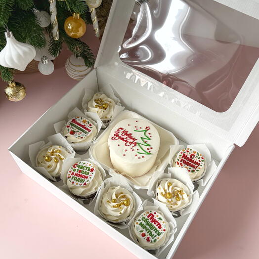 Новогодний бенто торт новогодняя открытка и 8 капкейков ассорти