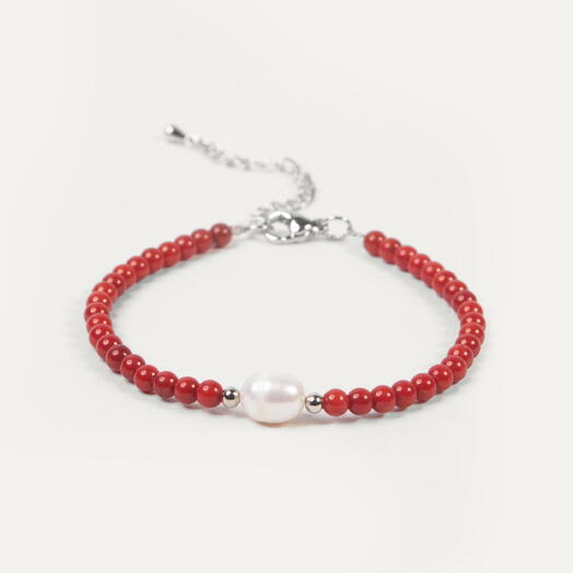 Браслет Рута Белый жемчуг культивированный и Красный коралл Rh+ 17 см (BRA1148)