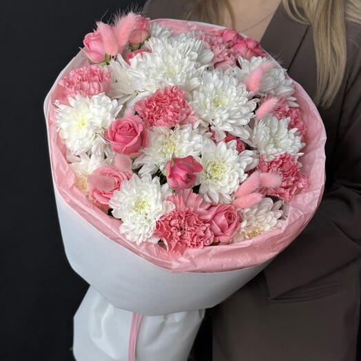 Delicate bouquet in pink tones: dianthus, spray chrysanthemum, lagurus, spray rose