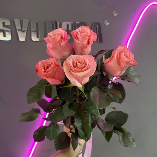 5 нежно-розовых роз