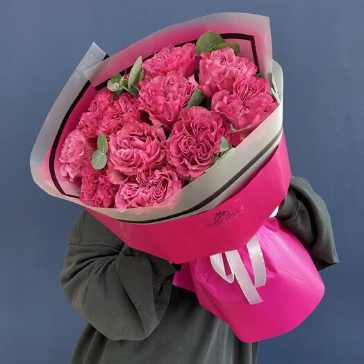 Bouquet of peony-shaped country roses with eucalyptus