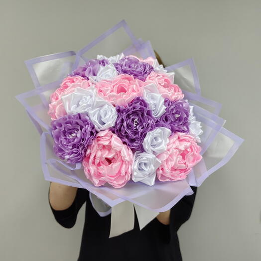 Букет из атласных роз и пионов 🌸 Букет ручной работы из атласных лент Воронеж