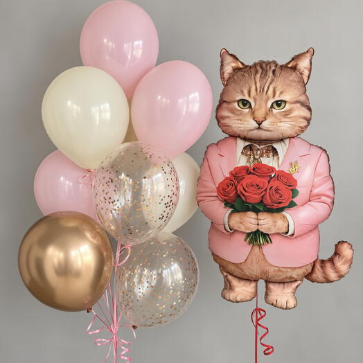 🐱🌹Набор воздушных шаров «Кот с букетом»