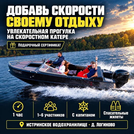 Подарочный сертификат «Увлекательная прогулка на скоростном катере» (1 час, От 1 до 6 человек)