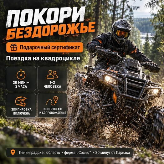 Подарочный сертификат «Поездка на квадроцикле» (30 минут, от 1 до 2 человек)